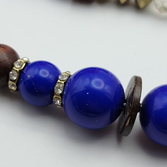 Royal Blue Multi Strand Wooden Bead Necklace Layered Gold Tone Statement 26" - Picture 2 of 8